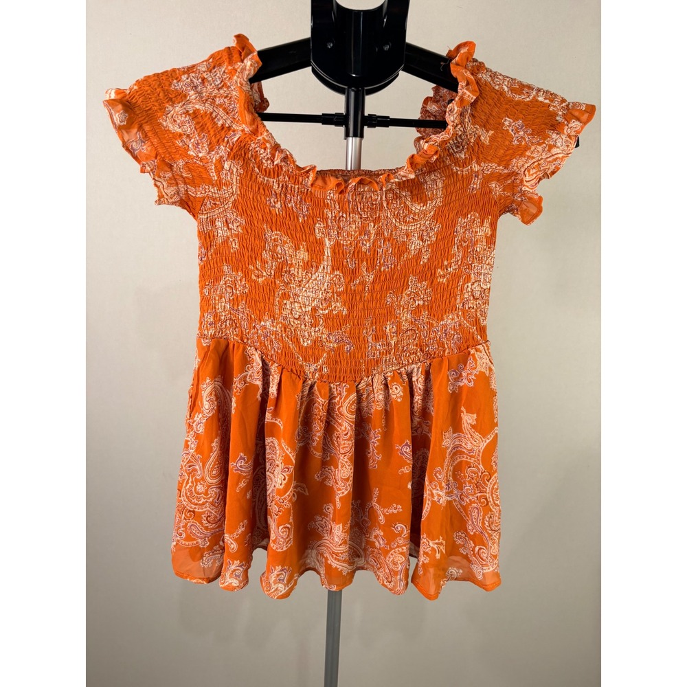 Cato Orange Paisley Smocked‎ Off Shoulder Peplum Top XS Ruffle Chiffon